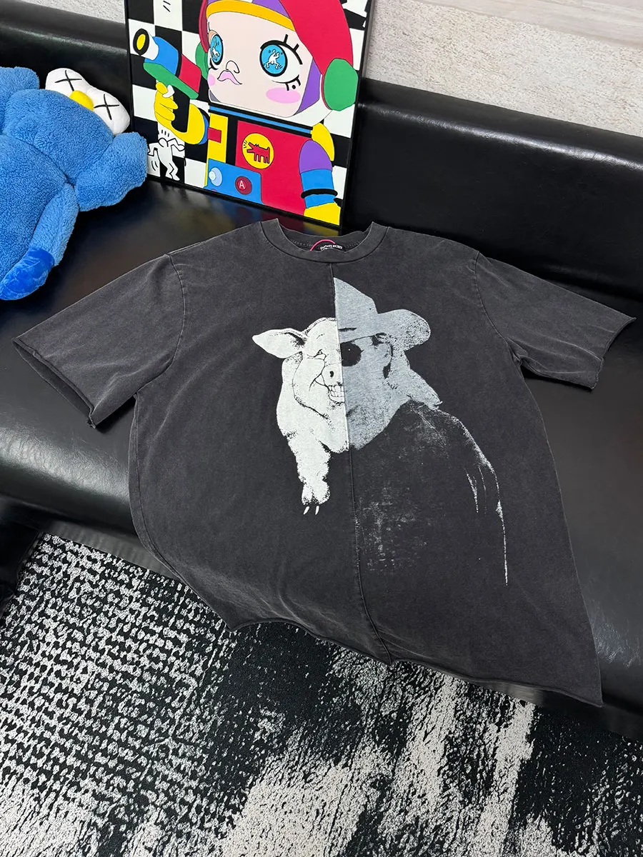 

Waed Cotton ort Sve Men's T-irt American Depred Rich Patchwork Pig Face Retro Print Casual round Ne Top