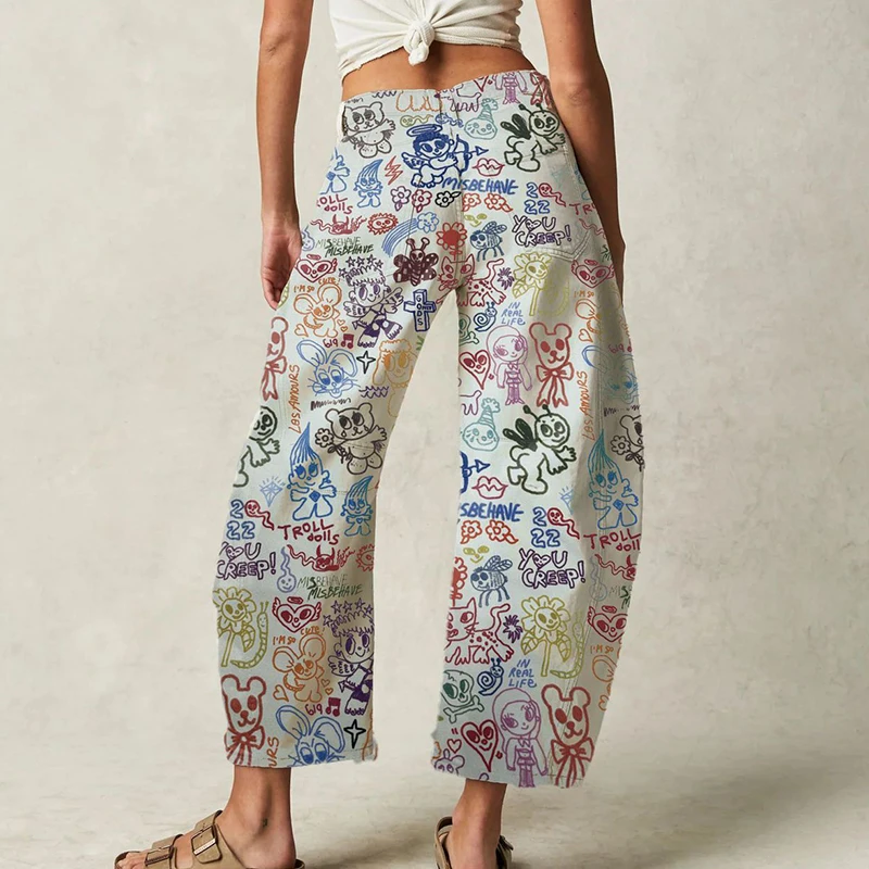 Verão casual bolso botão calças compridas moda feminina cintura alta calças soltas primavera elegante padrão impresso calças largas legger