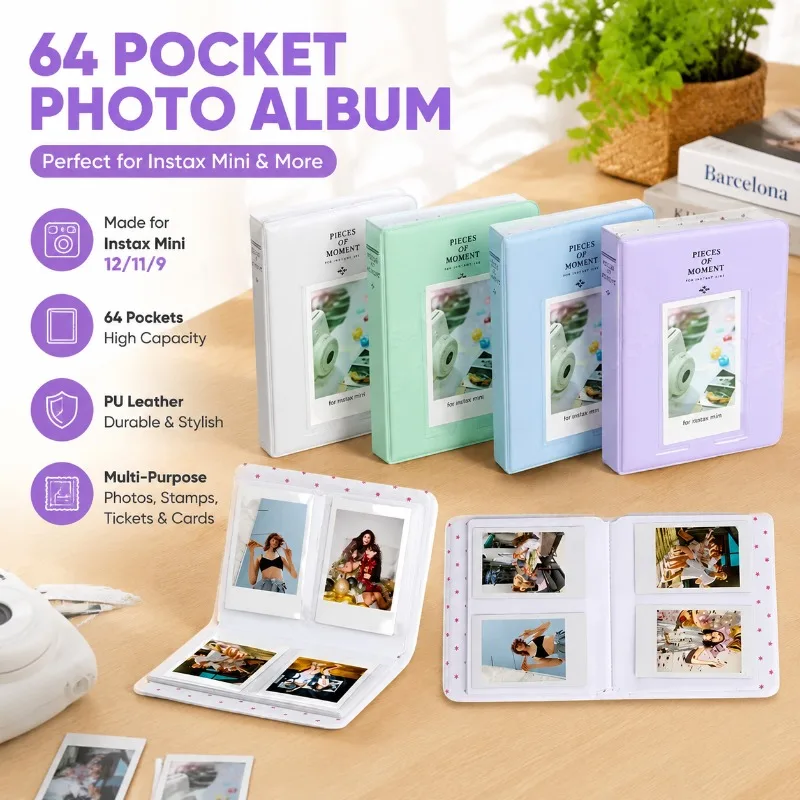 64 Pockets 3 Inch Mini Photo Album PU Leather Small Picture Storage Book for Mini Size Films Tickets Cards