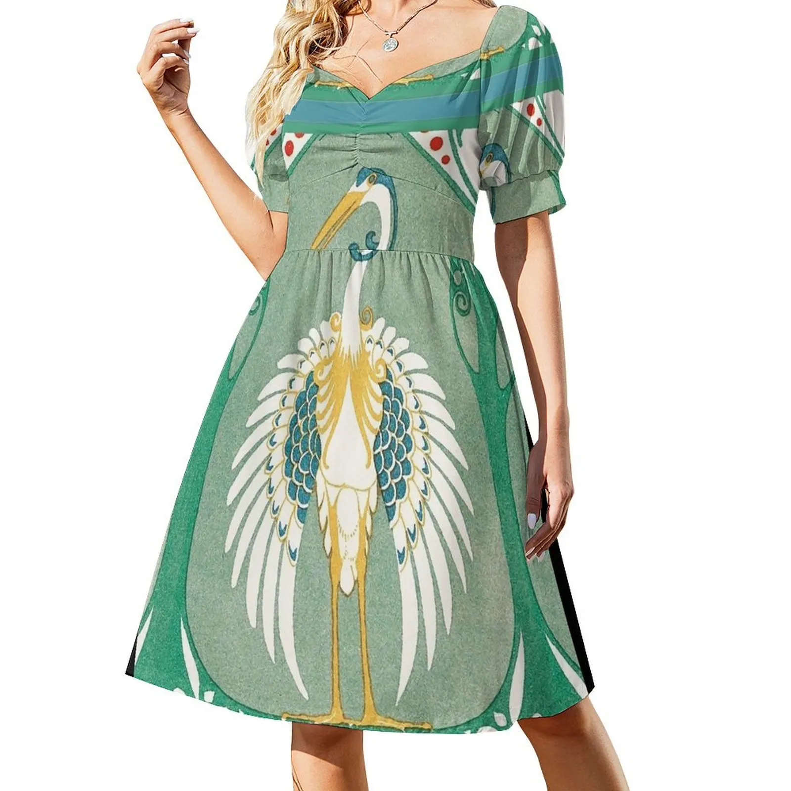 ART NOUVEAU CRANE BIRD WITH STYLIZED FLORAL IN WHITE BLUE GREEN YELLOW Short Sleeved Dress summer dresses ladies 2025 Dress