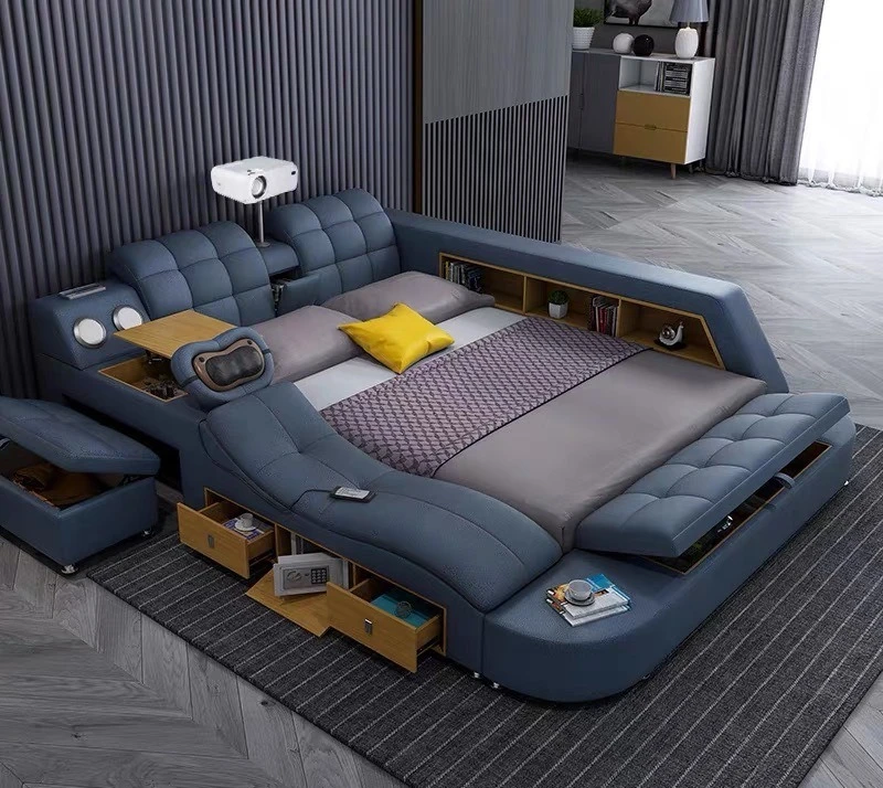 

Multifunctional cowhide bed tatami double projector bed master bedroom smart storage