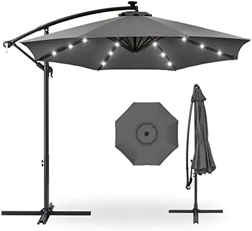 10ft Solar LED Offset Cantilever Hanging Market Patio Umbrella, 8 Sturdy Ribs, Easy Adjustment - Gray