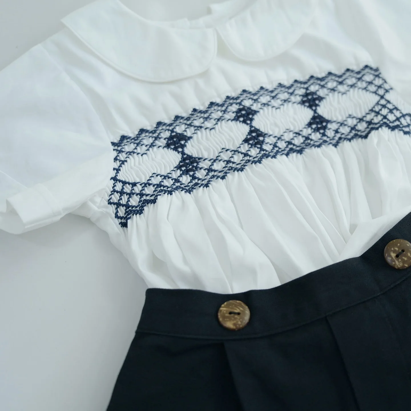 0-6Y Baby Boy Vintage Smocked Handmade Embroidery Navy Blue Suit Outfit For Birthday Party Photography A501