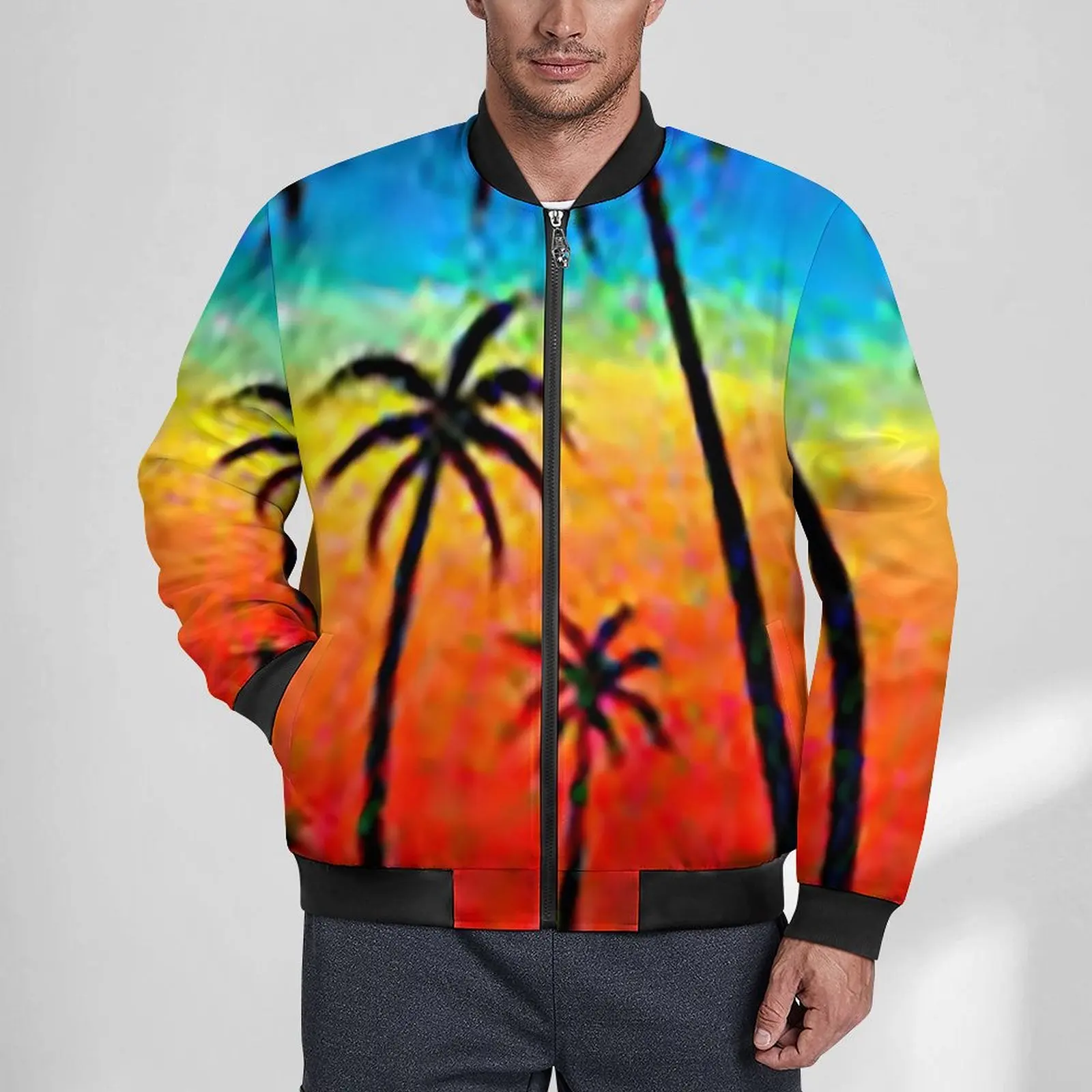 

Tropical Sunset Palm Trees Casual Jackets Hooded Windbreakers Male Graphic Coats Winter Aesthetic Loose Jacket 4XL 5XL 6XL