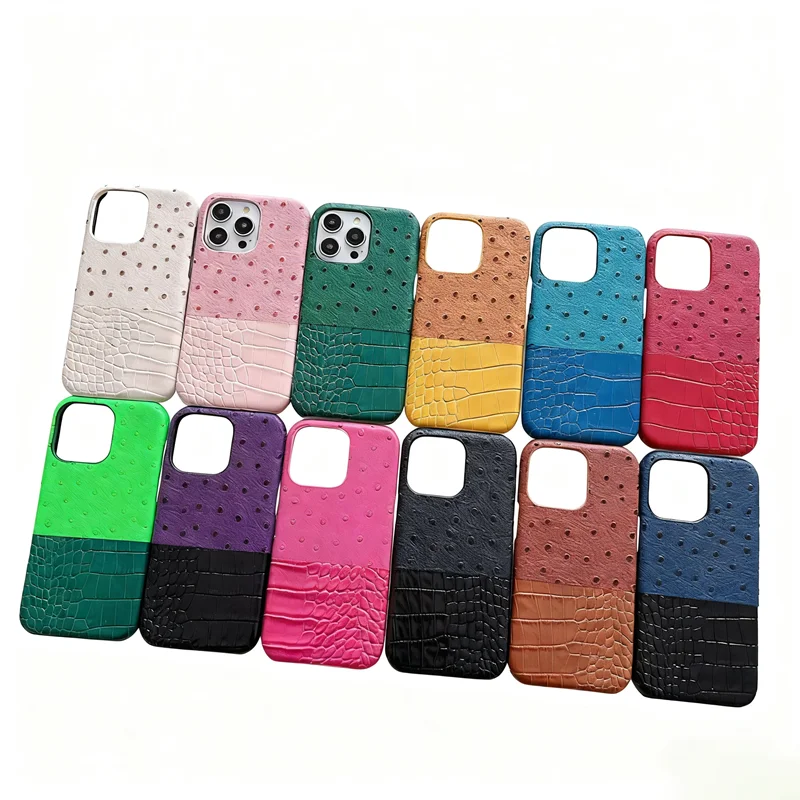 Personalizowane etui ze skóry ekologicznej PU z inicjałem, w kolorze złotym lub srebrnym, z motywem strusia lub krokodyla, do iPhone 14, 13, 16, 17, 18 Pro Max, 14, 15 Plus – luksusowe etui ze skóry. — zdjęcie produktu 4