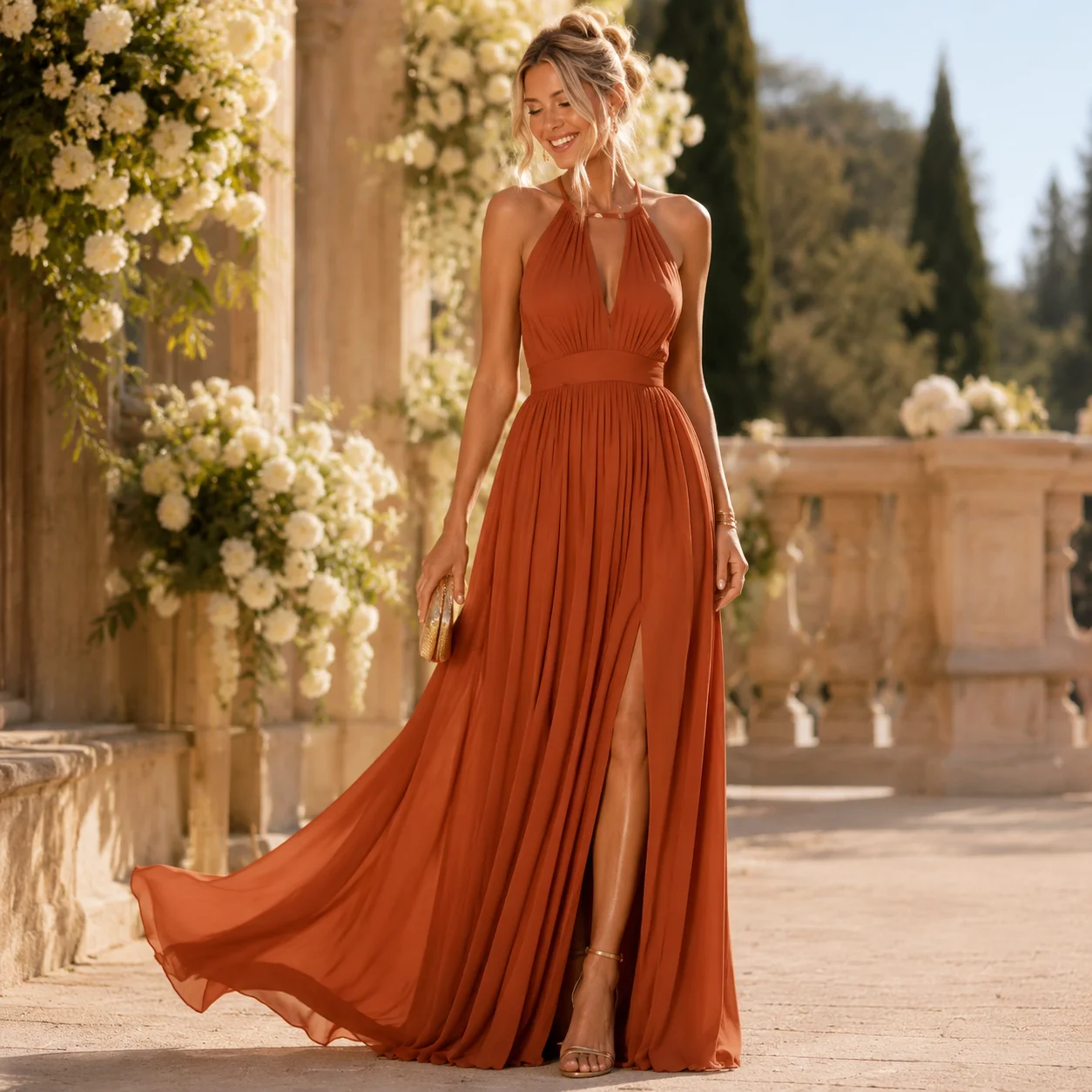 Romantic Rust Prom Dress Halter V Neck Pleated Chiffon High Waist Split A Line Evening Gown Bridesmaid Wedding Customized