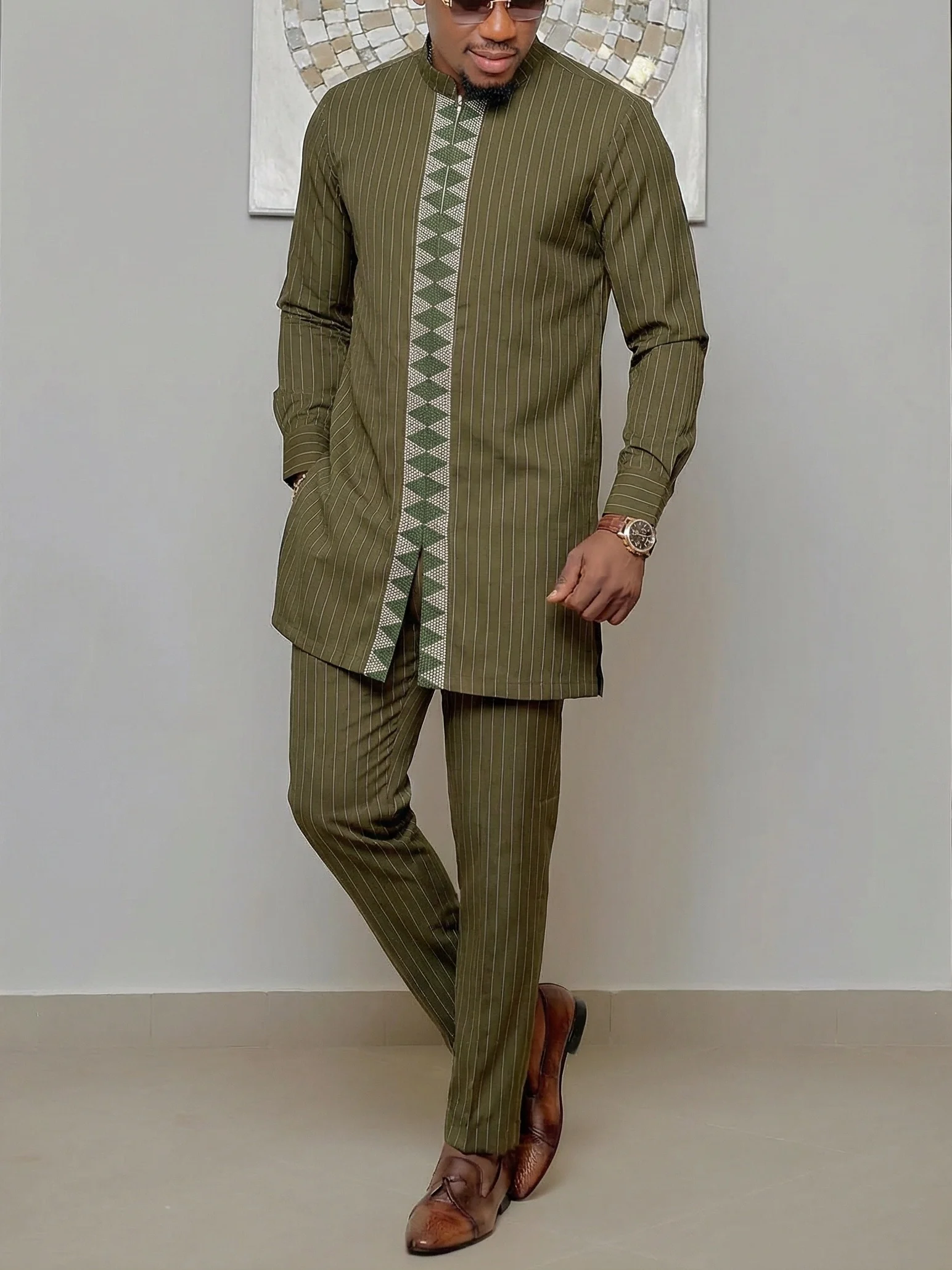 African Men Clothing 2 Piece Set Luxury Rhinestone Embroidery Long Sleeve Kaftan Tunic Top Pants Formal Wedding Party Outfit Das
