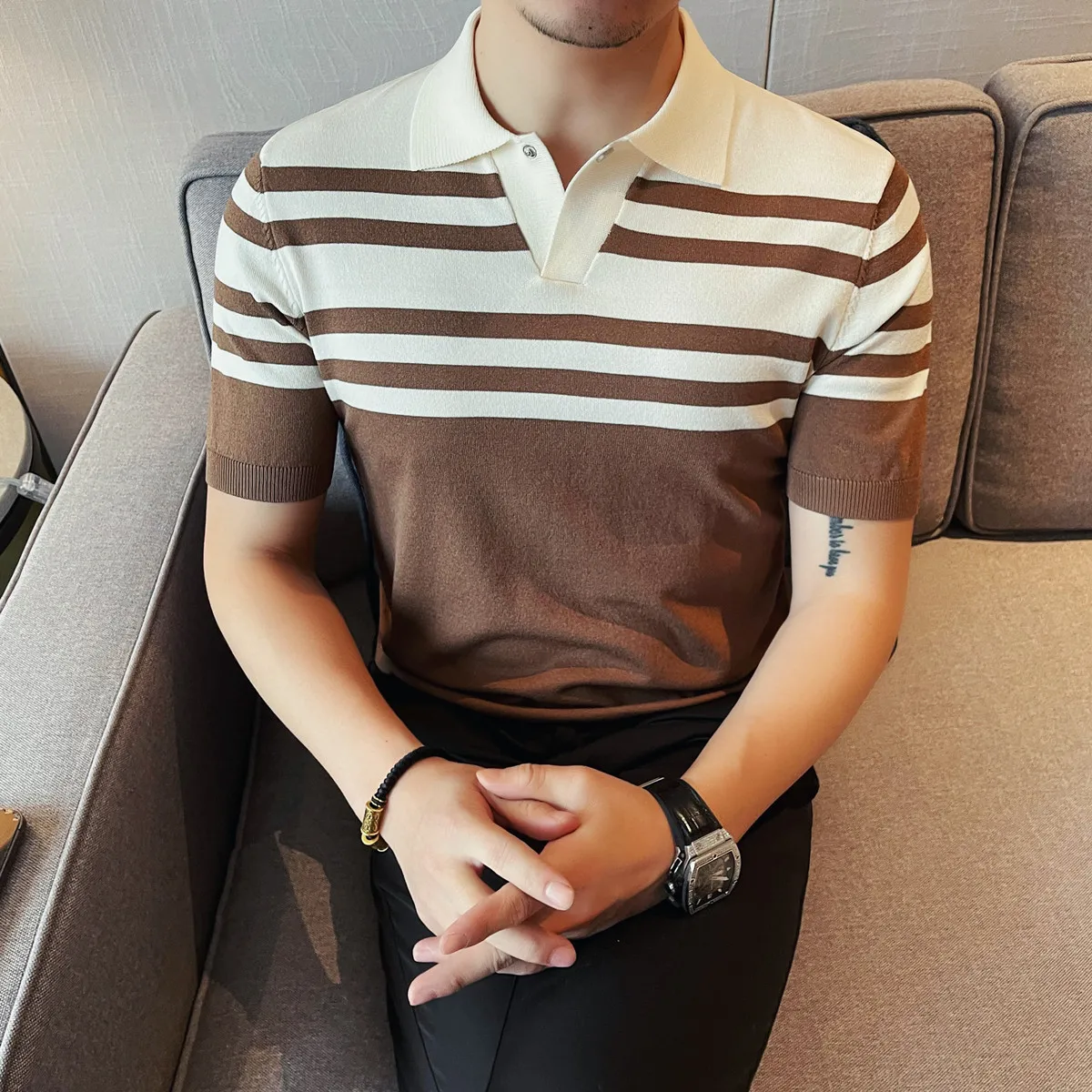 

Men Cool Silk Stretch Knit Polo - Slim-Fit Striped Design Smart Casual & Office Breathable Lightweight with Cool-Touch Comfort