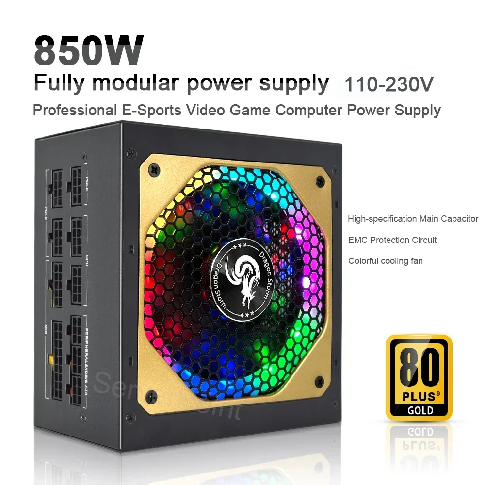 PC Power Supply 20+4Pin 12V ATX 850W Professional E-Sports Video Game Computer Power Supply 80+ Gold RGB Full Modular 12cm Fan