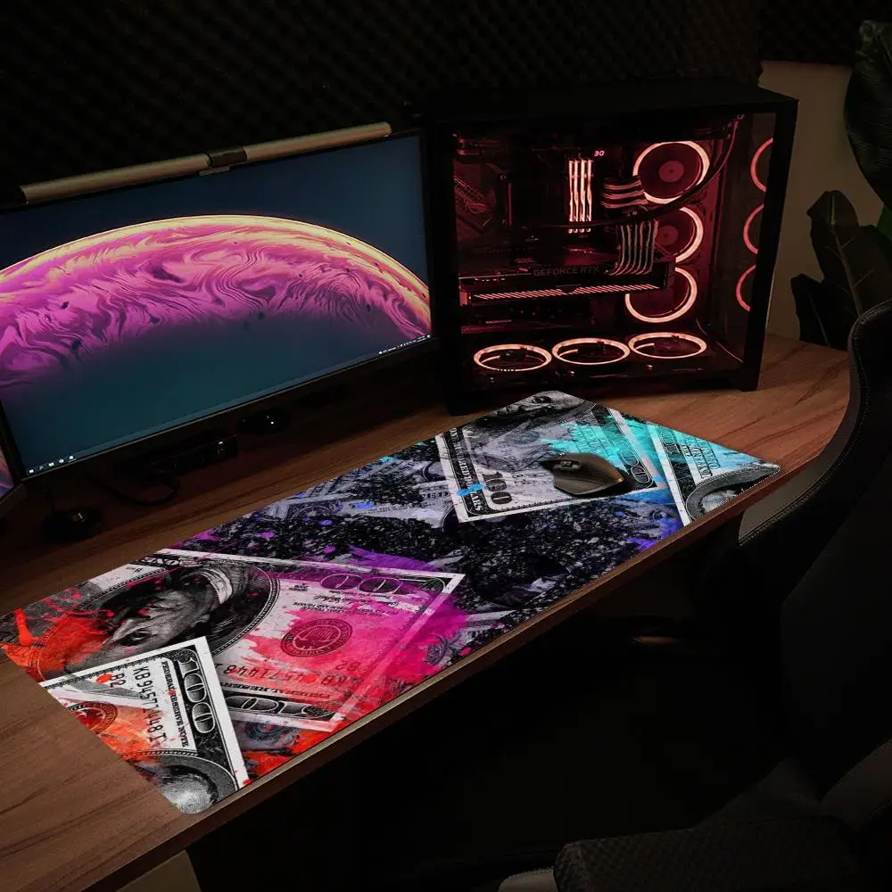 XXL Large Mouse Pad Graffiti Dollar Banknote Neon Bitcoin Stock Chart Gaming Desk Mat Non Slip Rubber Desktop Decor Mousepad