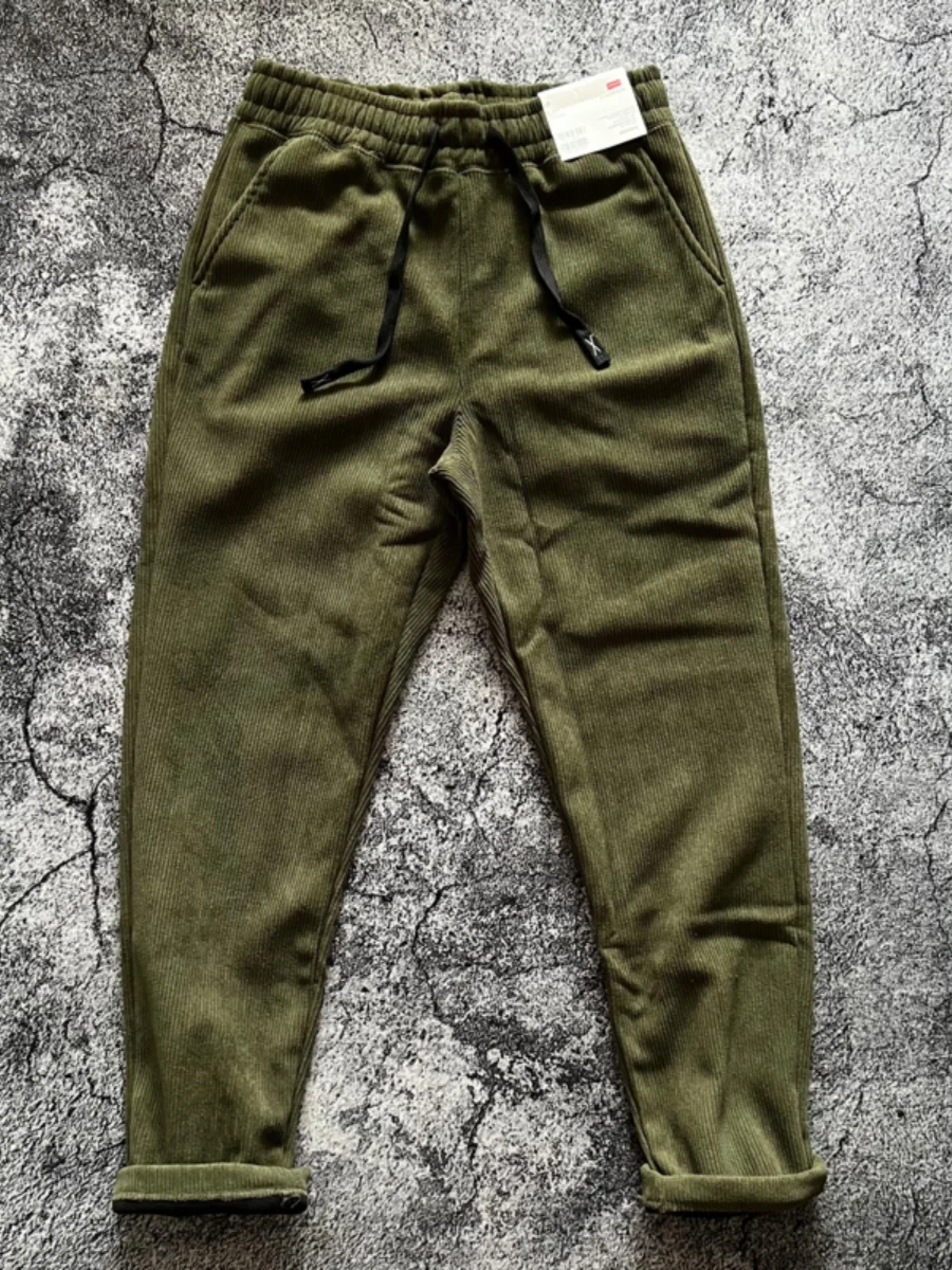 

Thickened Corduroy Drawstring Fleece Lined Retro Japanese Style Straight Leg Casual Pants Warm Youthful Pure Color Winter Tro...
