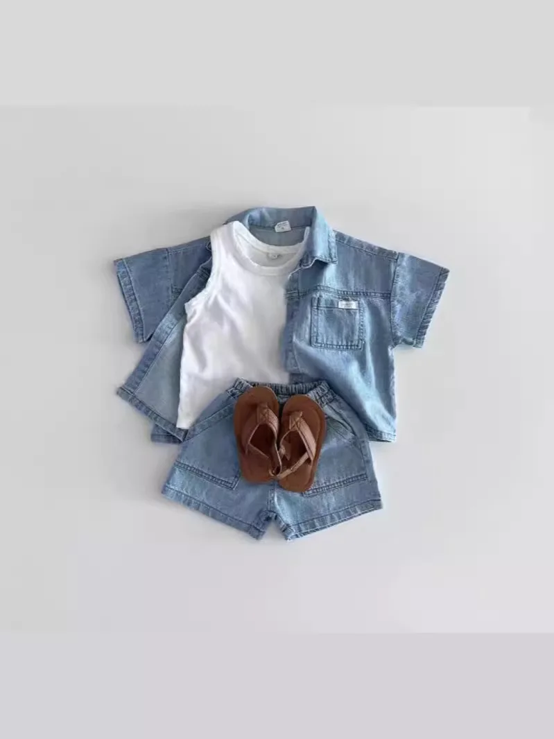 Conjunto jeans de manga curta para bebê, shorts e cardigã infantil, roupas versáteis e respiráveis para menino e menina, novo, verão, 2 peças, 2024