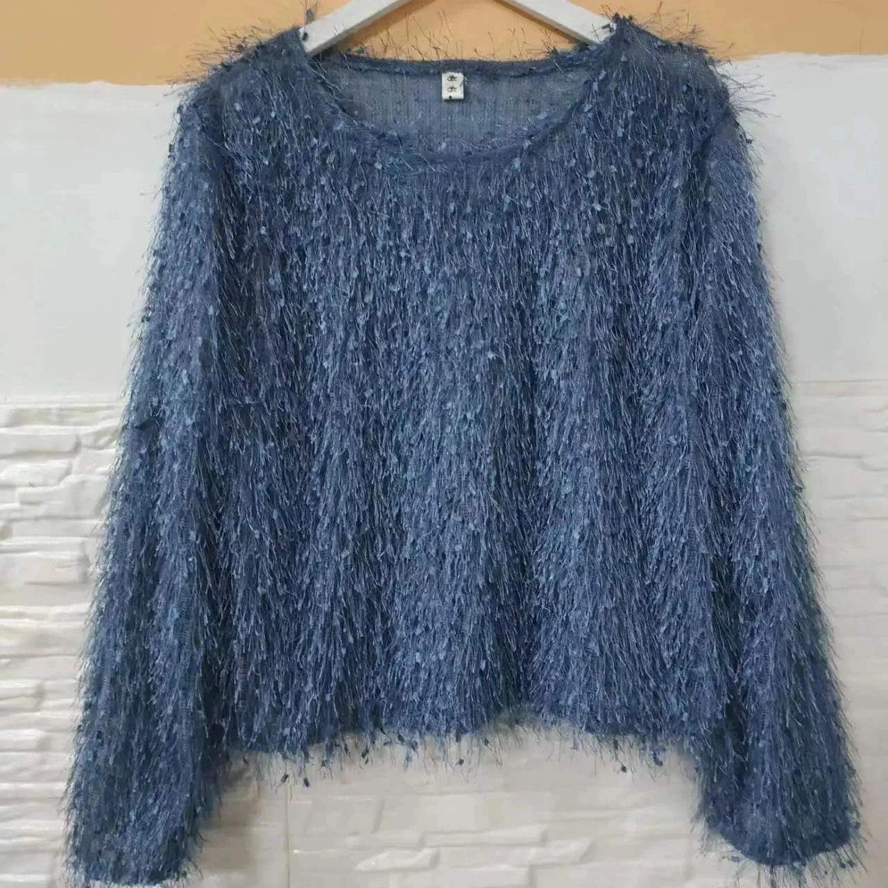 Women's Short fringe top 2026 Spring Autumn style Loose Round neck Hairy shiny silk Long sleeved T-shirt Fashion Base shirtWJ726