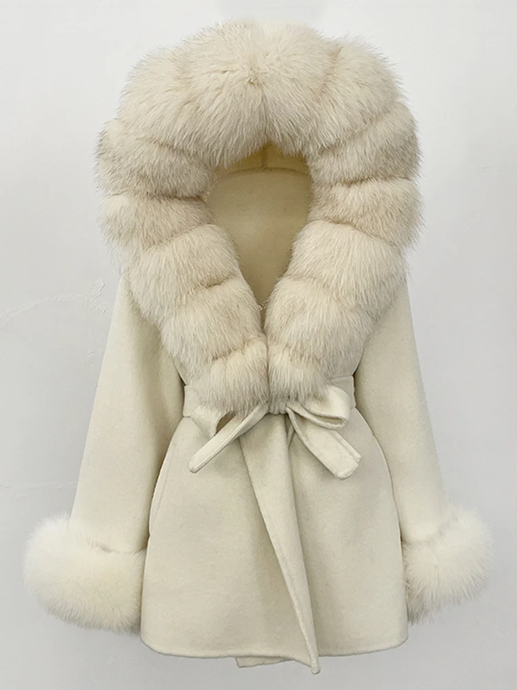 معطف نسائي من فرو الثعلب الحقيقي معطف من الفرو الطبيعي للتنقل سترة صوفية بقلنسوة للسيدات موضة 2025 ملابس شتوية فاخرة للسيدات