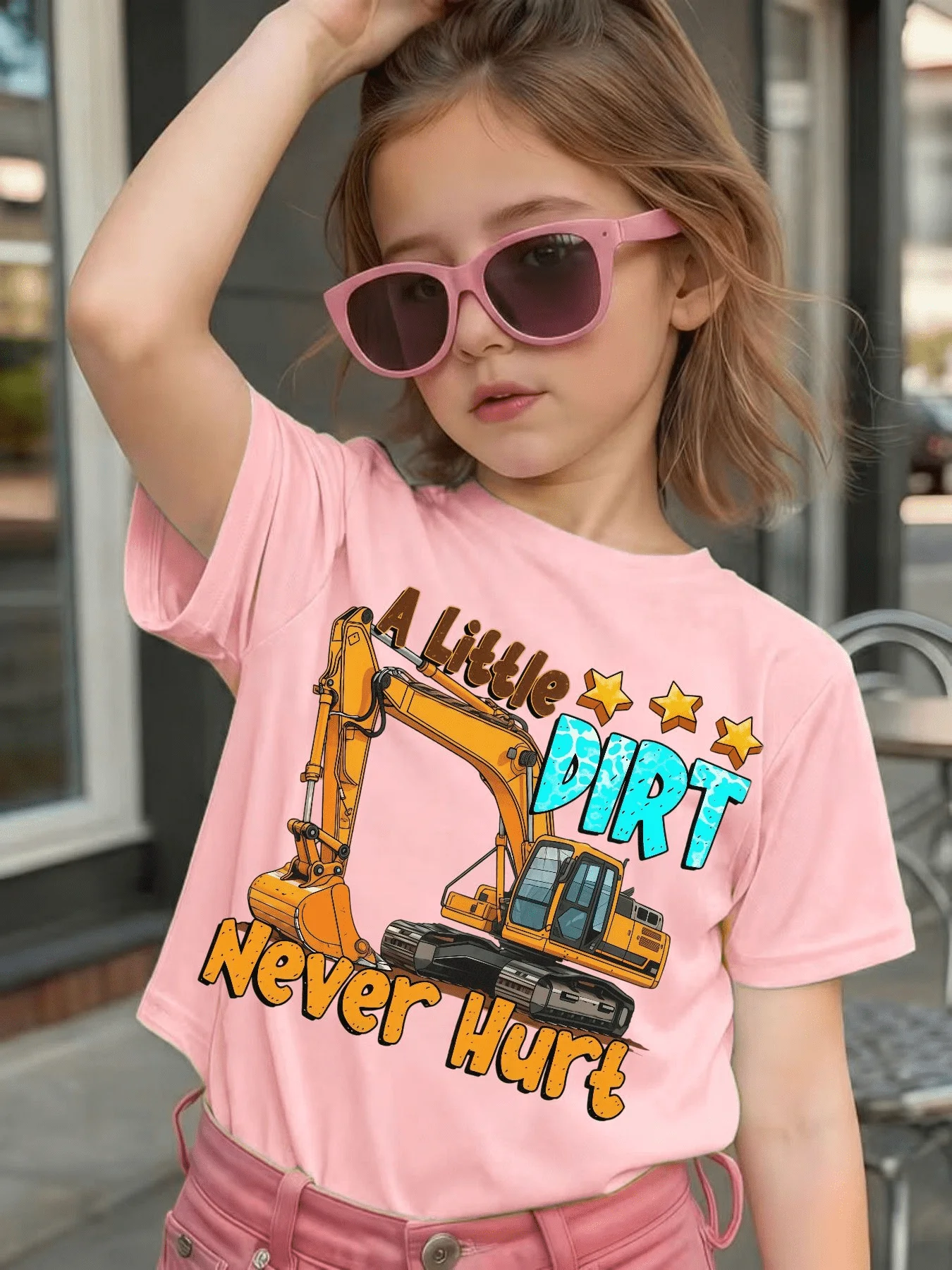 Cute Construction Excavator Graphic Kids Tee Boys Girls Family Matching Cotton Crew Neck Short Sleeve Soft Casual Summer Tee