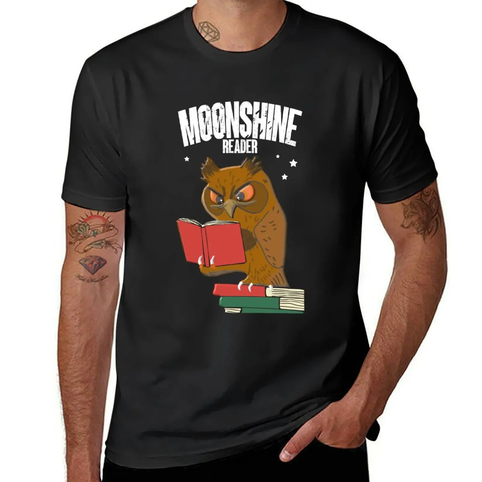 Moonshine Reader - Books Reading Owl T-shirt plain tees kawaii clothes t shirts for men cotton