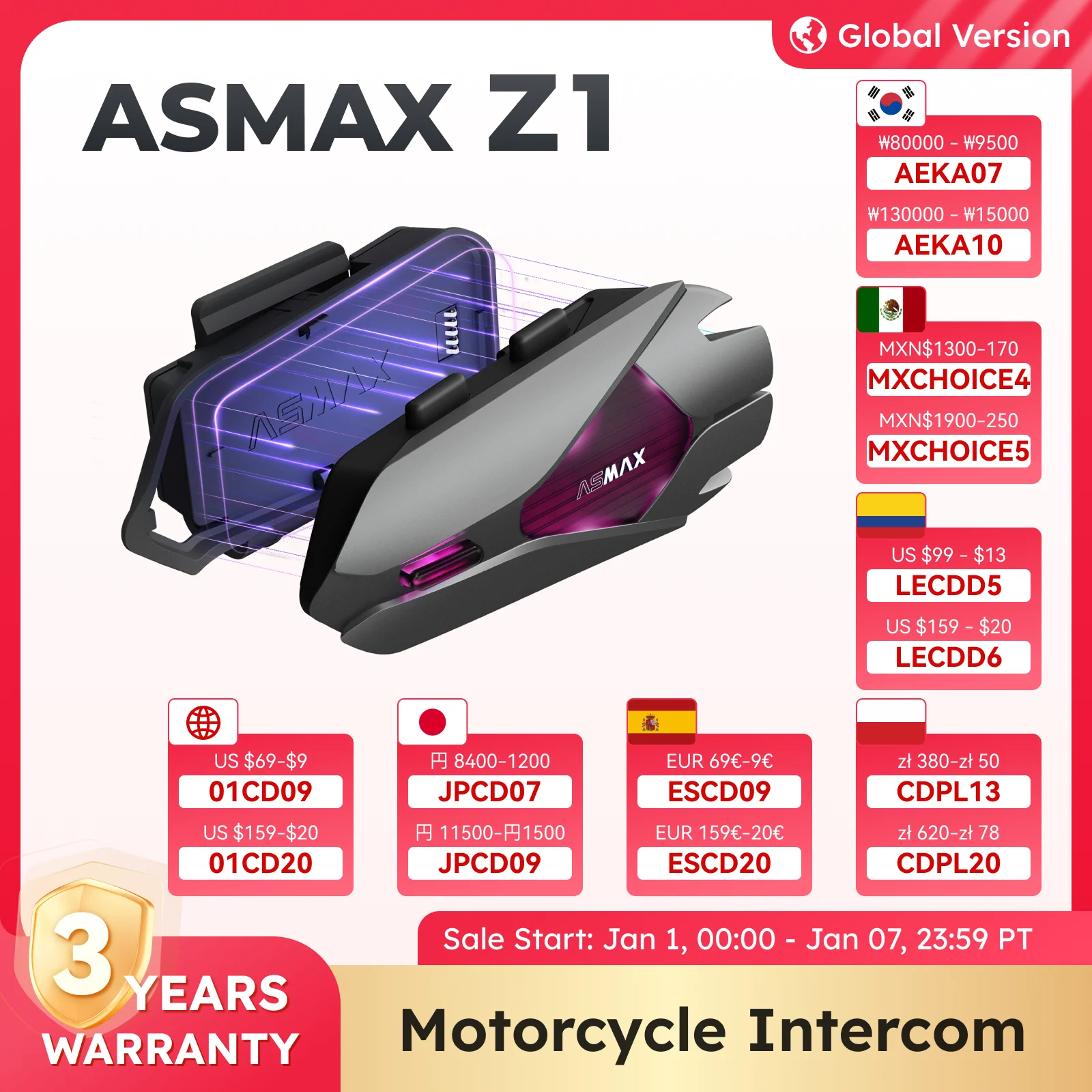 

ASMAX Z1 Motorcycle Bluetooth Intercom, IP67 Waterproof Helmet Headset, 2 Chips 8-Core, HIFI Speakers, ENC, 42min Fast Charging