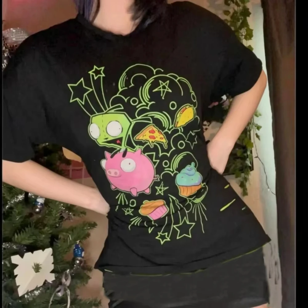 2026 Unisex Alien Animal Cartoon Graphic T-shirt Oversized Short Sleeve Tee Y2K Dessert Art Print Summer Cotton Top