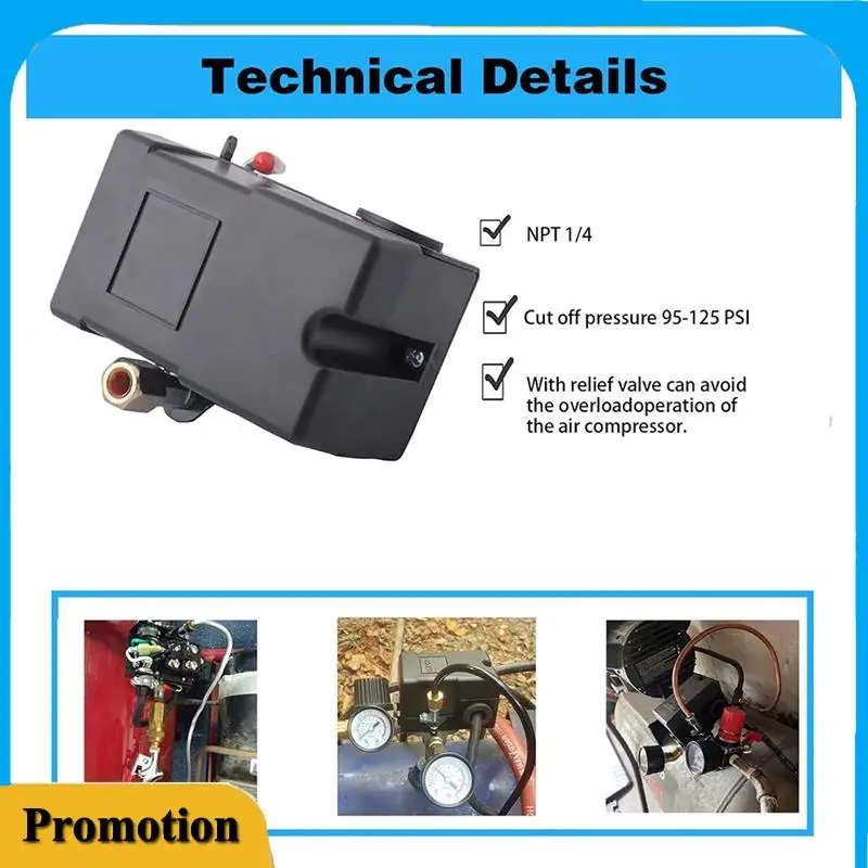 

Portable Pressure Switch, 4 Port Air Compressor Pressure Switch Replacement Control NPT1/4 95-125 PSI 20A