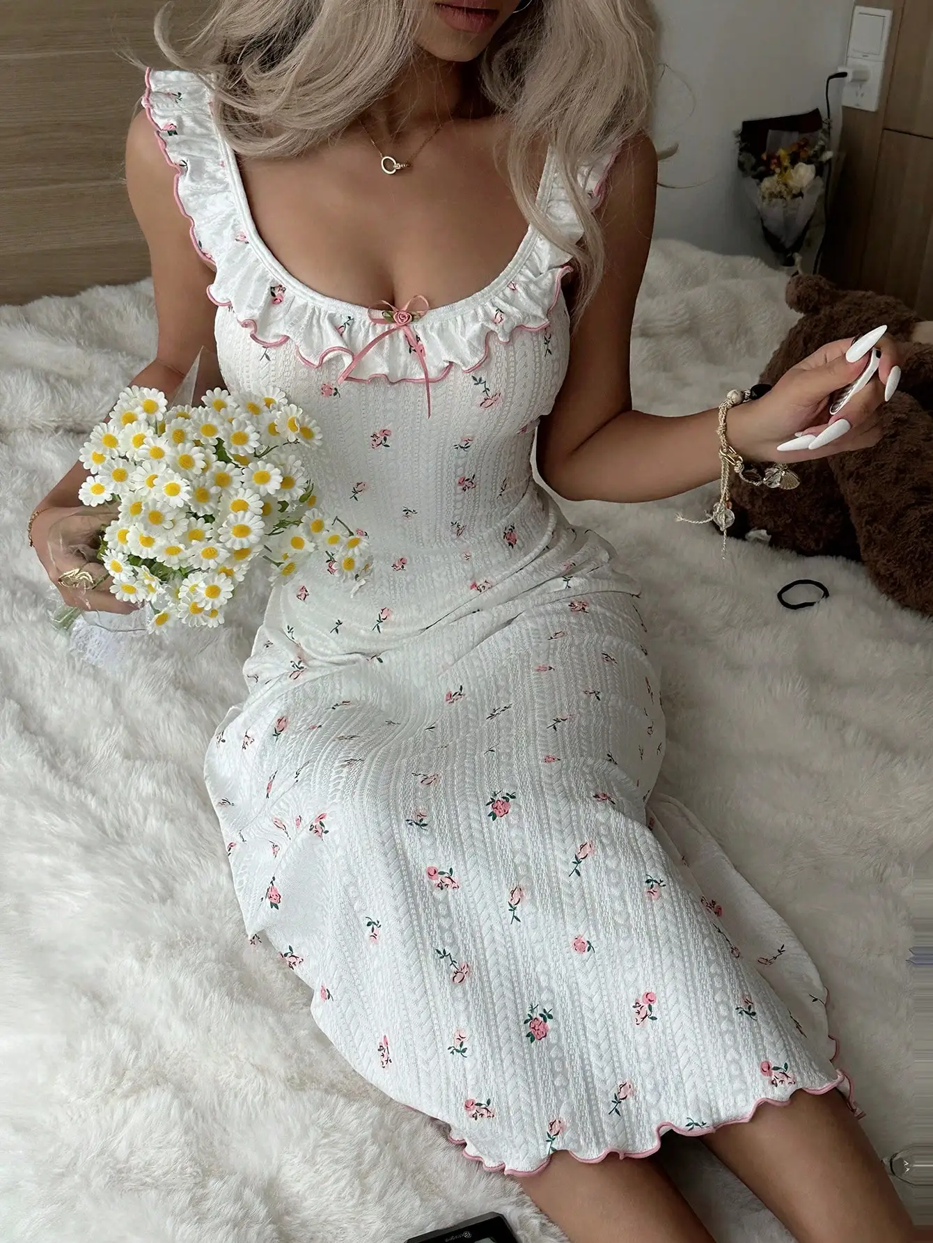 

Women's Floral Jacquard Knit Nightgown with Ruffle Trim & Bow Detail, Sweet & Cozy Sleep Dress