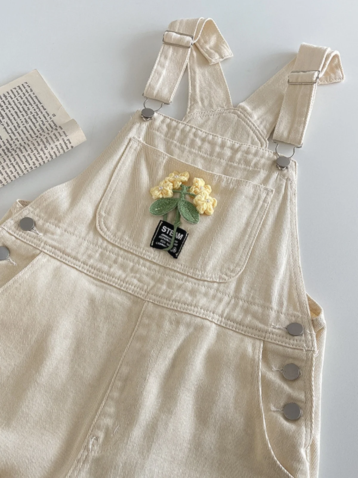 Apricot Denim Jumpsuit Spring Chic Flower Loose Suspender Jeans Female Casual Solid Color Wide Leg Overalls