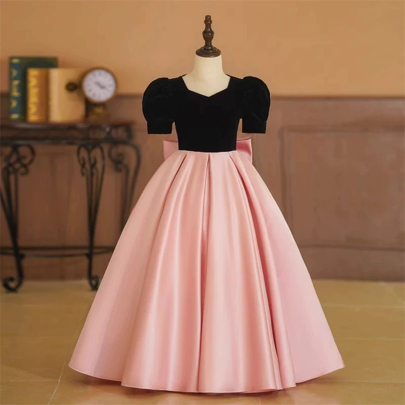 2026 New Satin Simple Birthday Princess Boutique Kids Girls Dress Bubble Sleeves Piano Host Stage Performance Elegant Dresses