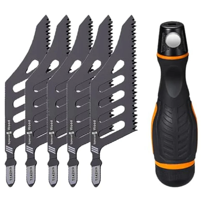 

RMWIN-High Carbon Steel For Softwood Fiberboard Plywood Compatible 5Pcs Flush Cutting Jigsaw Irregular Curve Saw Blades With Han