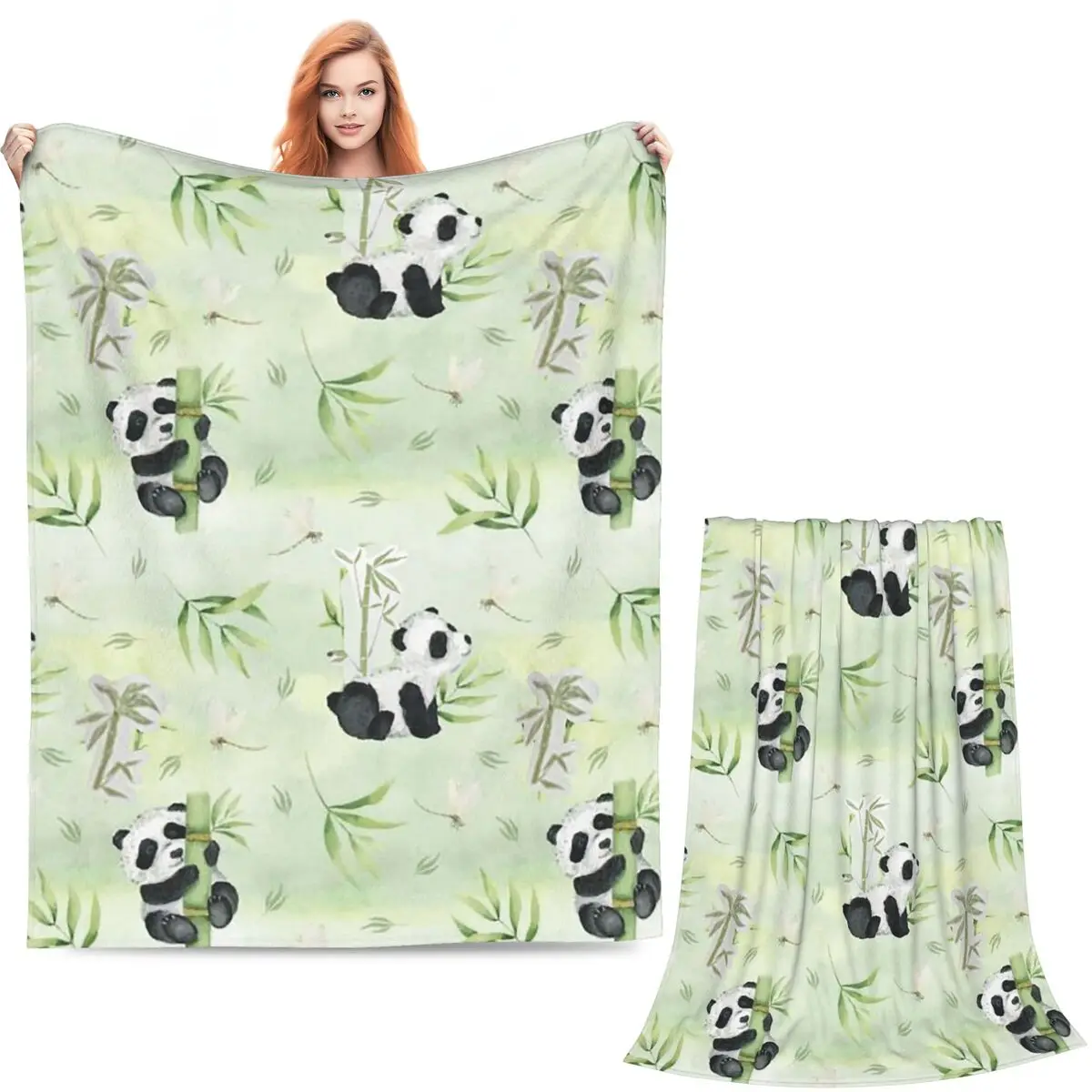 Cartoon Panda And Bamboo Pattern Blanket Soft Warm Flannel Throw Blanket Cover for Bed Living room Picnic Travel Home Sofa