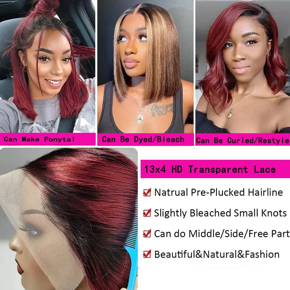 1B/99J بورجوندي قصير بوب غلويليس الباروكات الشعر البشري 13x4 الدانتيل أمامي خصلات الشعر المستعار الإنسان أومبير بورجوندي بوب الباروكات للنساء #5