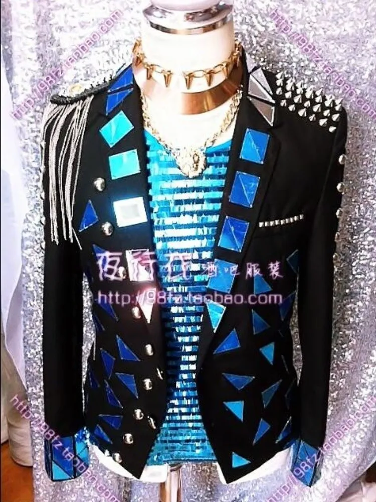 

New Tide Male Singer Blazer Coat Rock Performance Outerwear Men's Luxury Handmade Slim Jacket Stage Sequins Mirrors Suit Costume