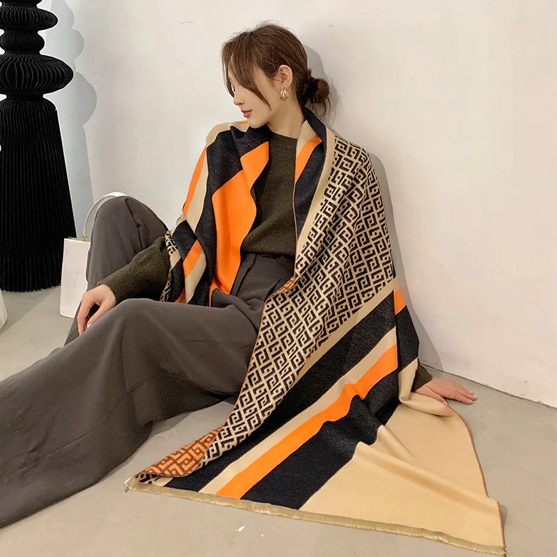 

2025 женский зимний шарф, шали из пашмины, женские накидки, толстые теплые полосатые узоры Bufanda Echarpe, женские палантины из искусственного кашемира