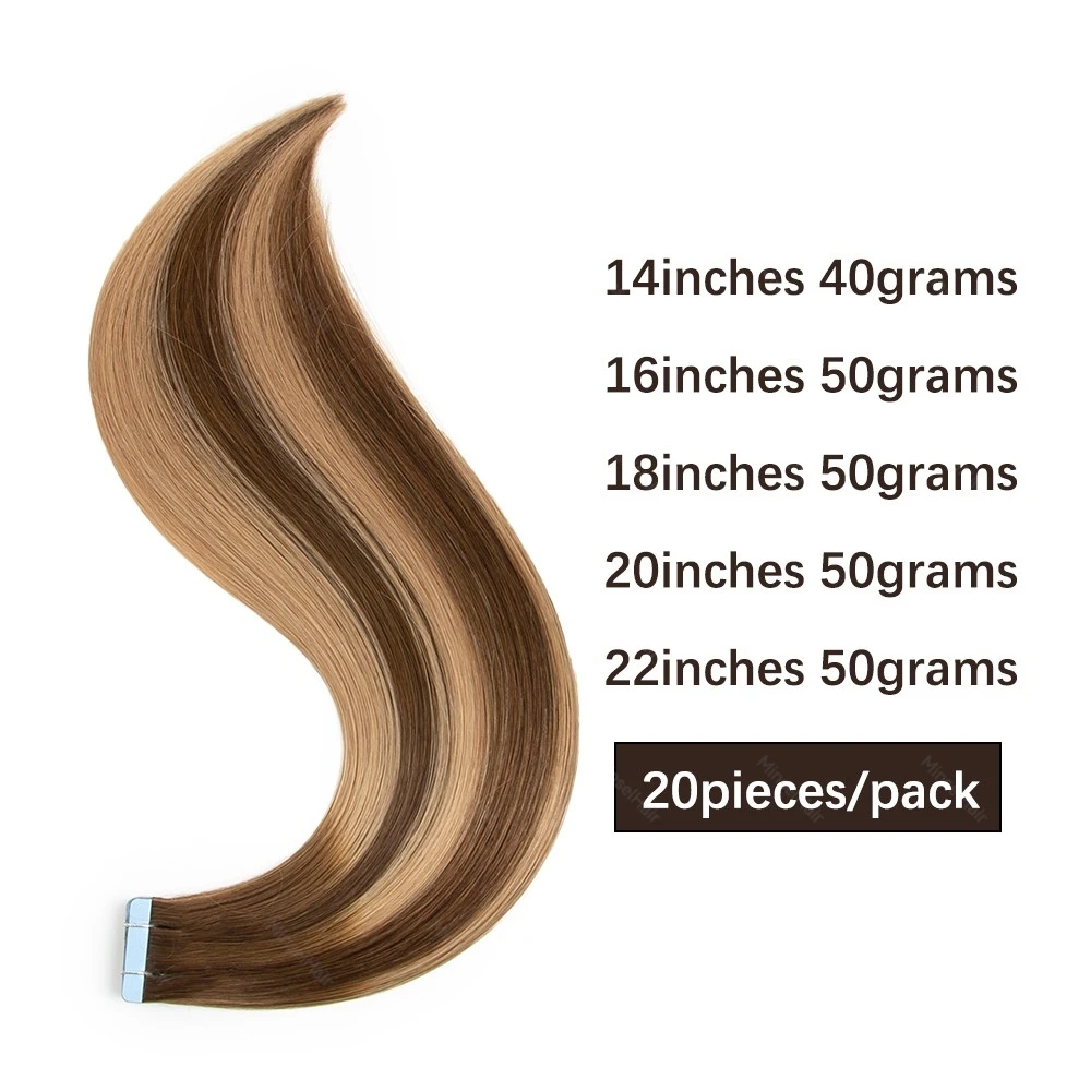 プレミアムレミーテープインエクステンション ナチュラル人毛レミーブラジリアンヘア インビジブルスキンウェフト 20本 14-22インチ 40/50g 染色可能