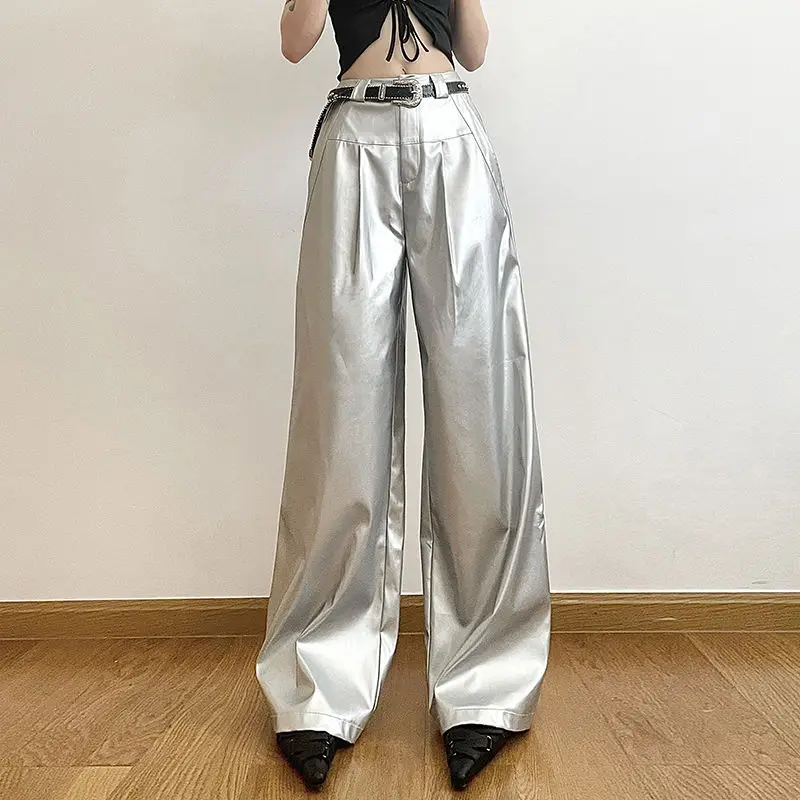 Streetwear Cool Silver High Waist Pants for Women Fashion Casual Loose Wide Leg Floor Dragging Pant Y2k Hip Hop Leather Trousers