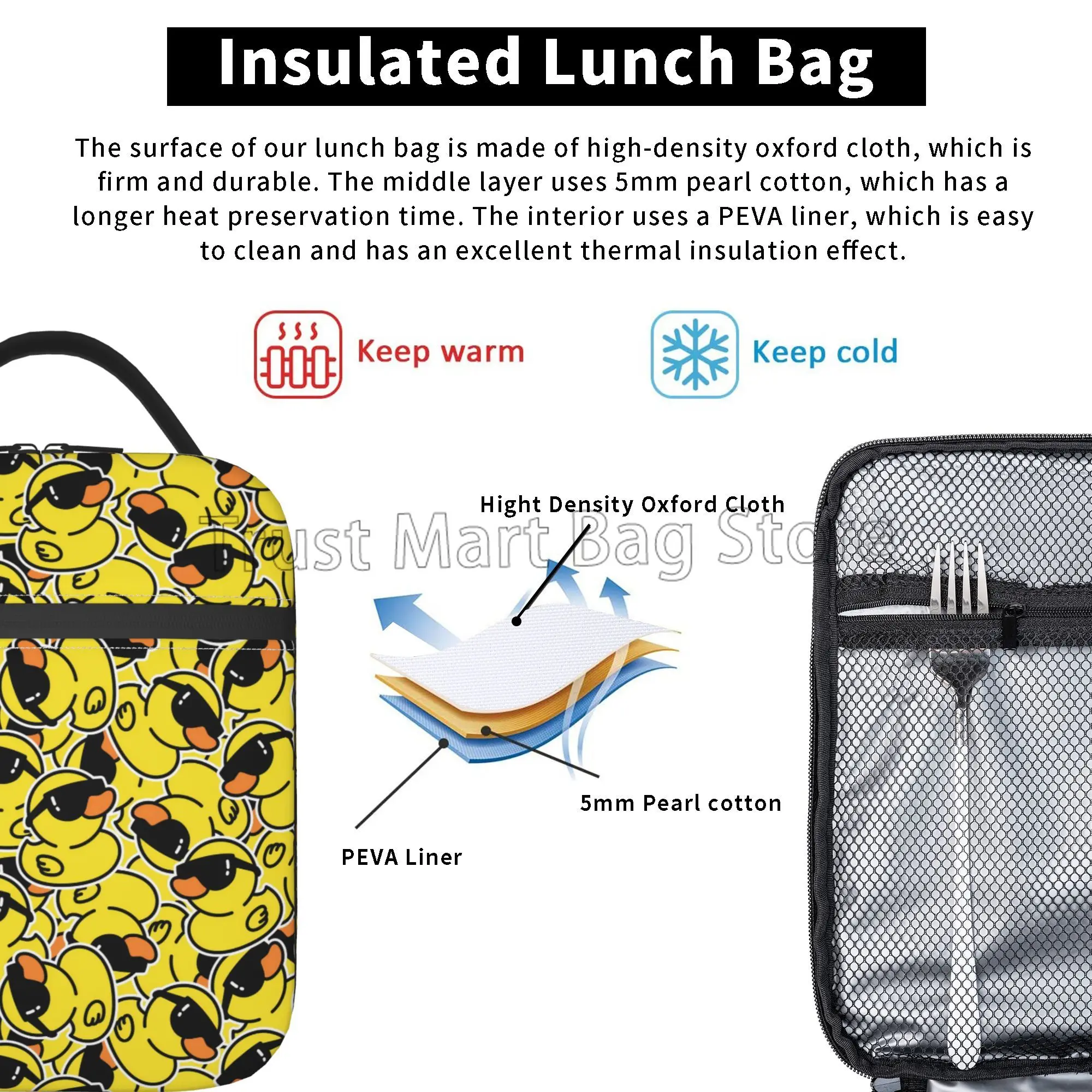 Cute Rubber Ducky Lunch Bag Yellow Cartoon Ducks Reusable Insulated Tote Bag Thermal Lunch Box for Work School Picnic Travel