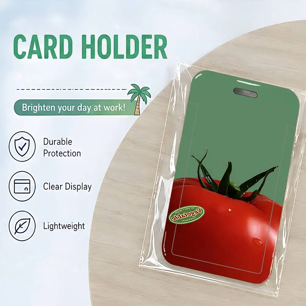 Small Niche Green Tomato Illustration ID Card Holder Badge Holder With Lanyard Slot Student Bus Card Cover Office Work Card Case