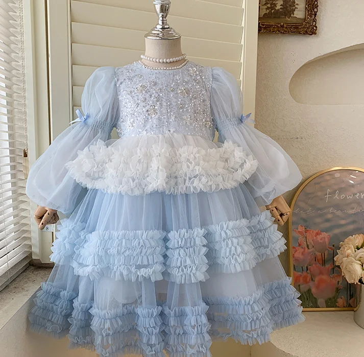 

New Baby Fall Long Sleeve Sequined Mesh Tutu Dress, Princess Kids Fashion Party Dresses 3-8 T