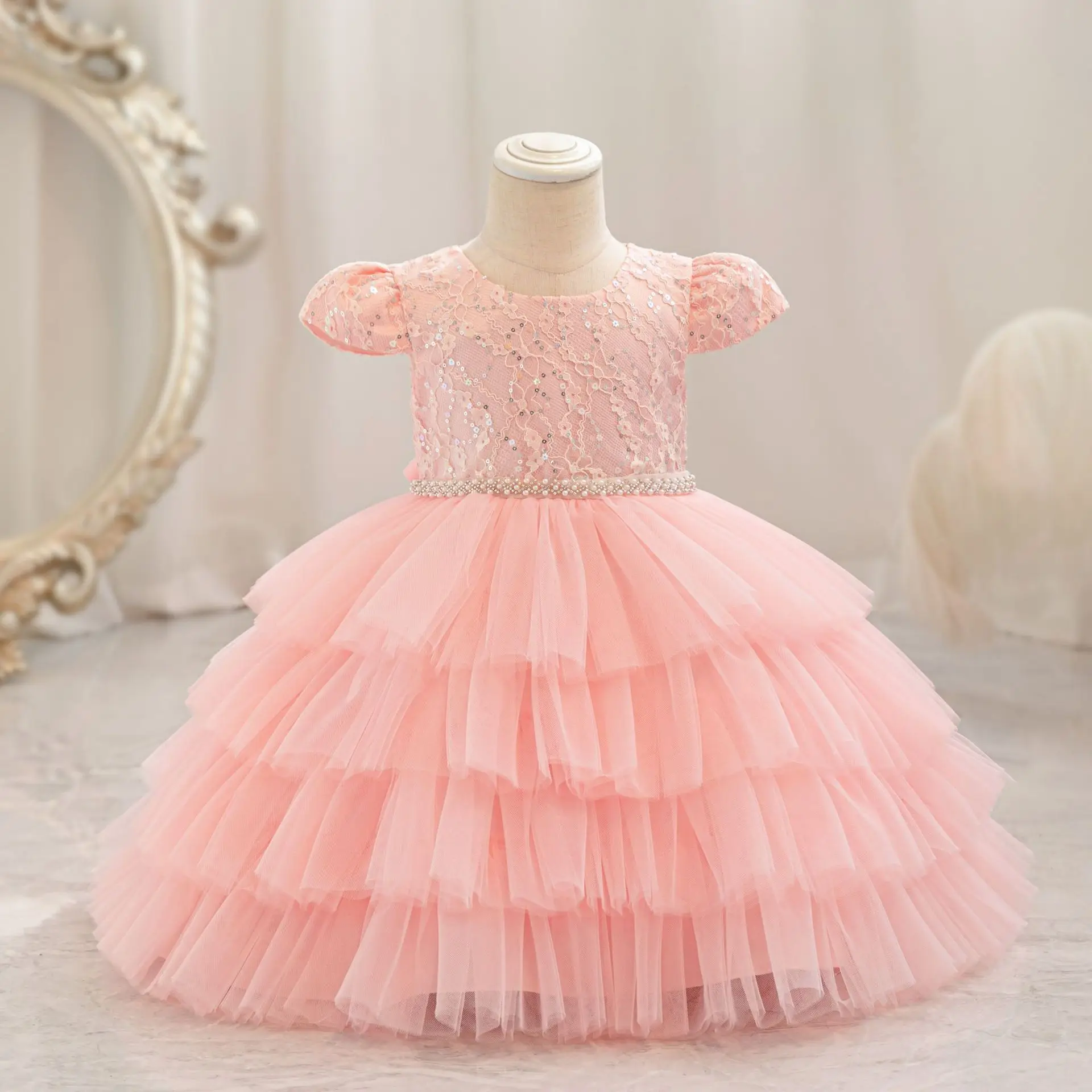 

Baby Girl Weekend Birthday Party Princess Dress Mesh Sequined Children's Layered Wedding Costume Kids Sweetheart Clothes 6M-4T