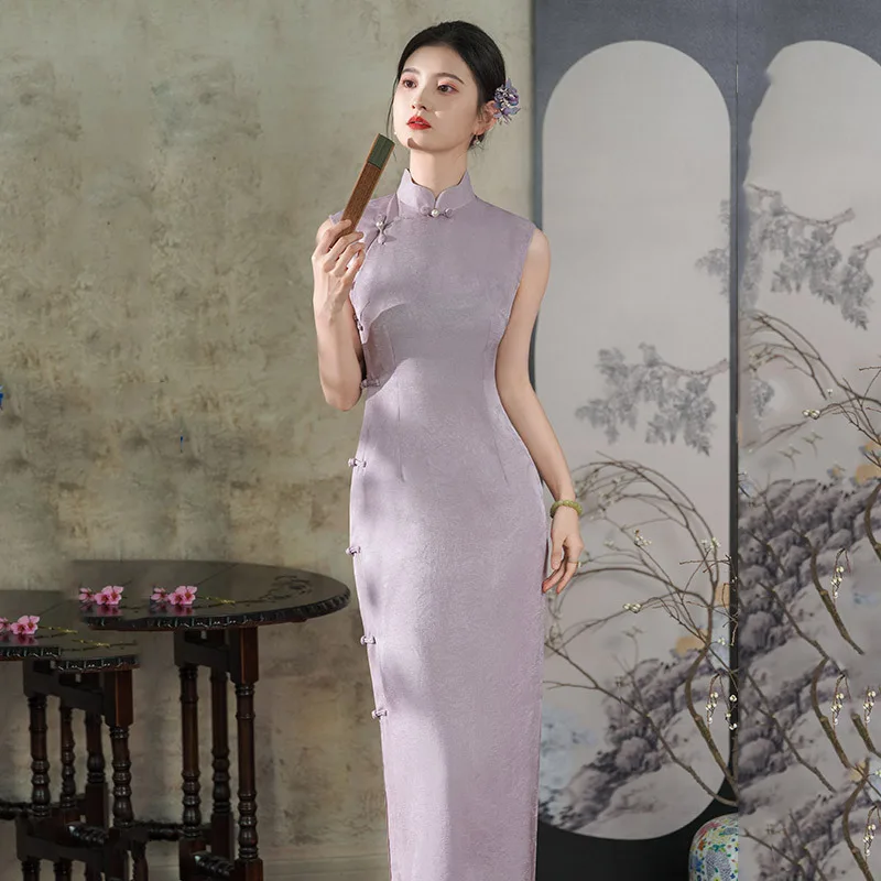 

Фиолетовое Ципао без рукавов в традиционном китайском стиле, улучшенное молодежное стильное платье 2025 года, новое женское летнее платье в стиле ретро Qipao