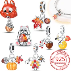 925 Sterling Silver Autumn Maple Leaf Squirrel Charm Pendant Beads Fit Charm  Original Bracelet Women Jewelry Making