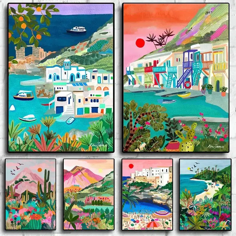 Nordic Flowers Mountain Lake Colorful Nature Landscape Travel Poster Print Canvas Abstract Wall Art Room Home Decor