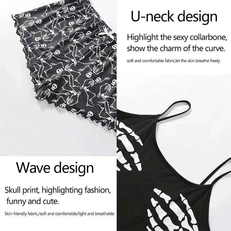 Women Sleepwear 2 PCS Pajama Set Short-Sleeved Tops and Shorts Suit Black Skull Print Ventilate Soft Comfort Loungewear