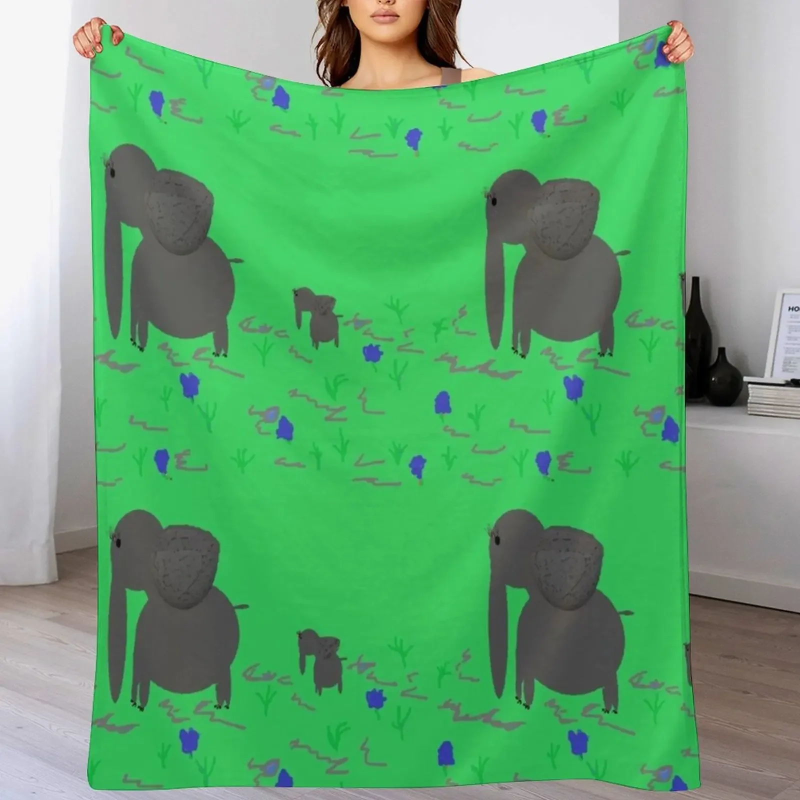 

Mama and Baby Elephant Gray Green Throw Blanket Machine Washable Soft Warm Blanket
