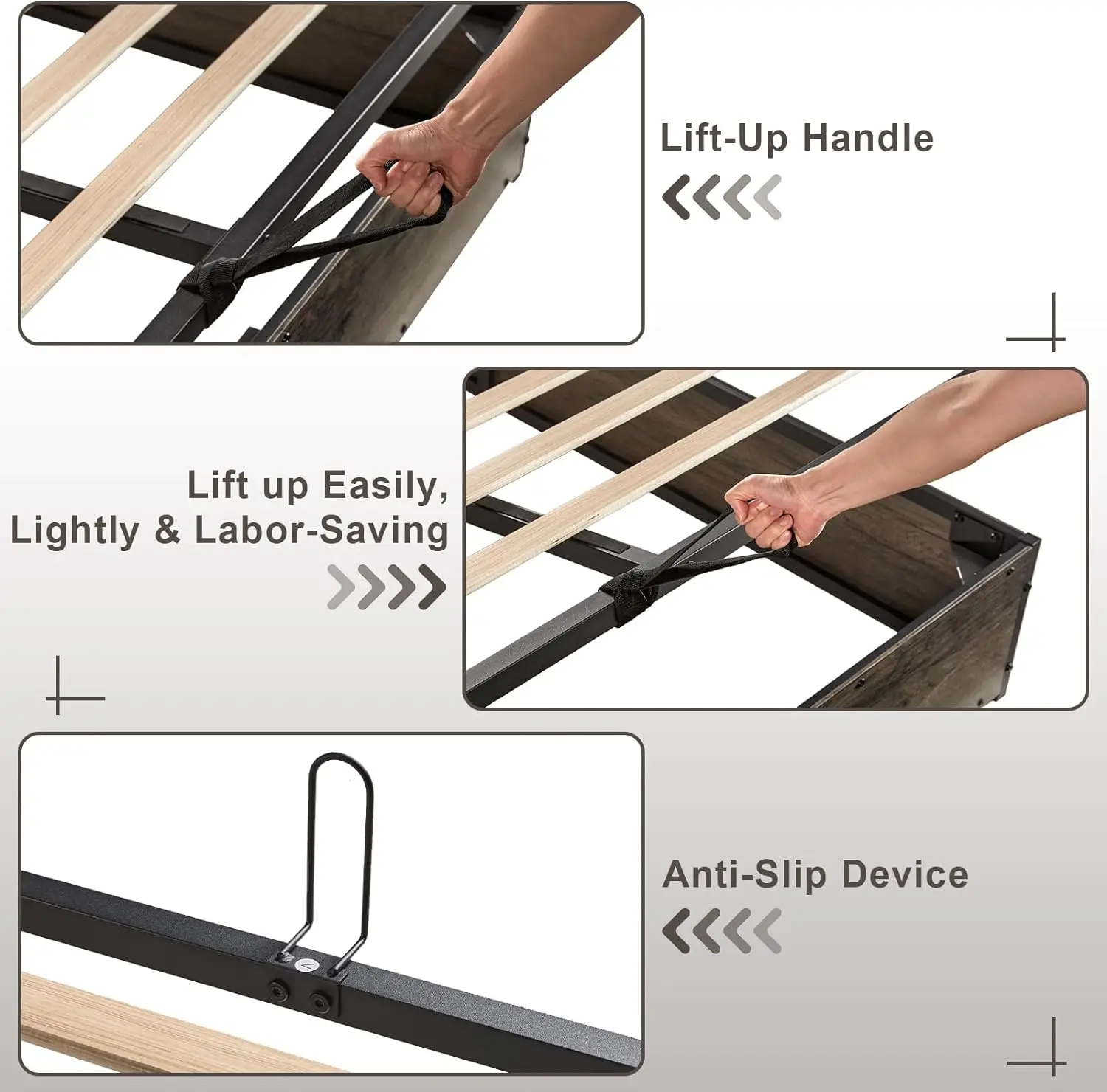 Full Size Lift Up Storage Bed Frame, Wooden Platform Bed Frame with Lifting Storage & Charging Station, Rustic Grey