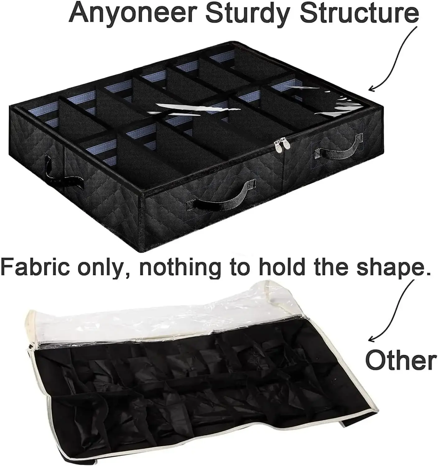 Набор органайзеров для хранения обуви под кроватью из 2 шт., с регулируемыми перегородками и прозрачным окном, черный