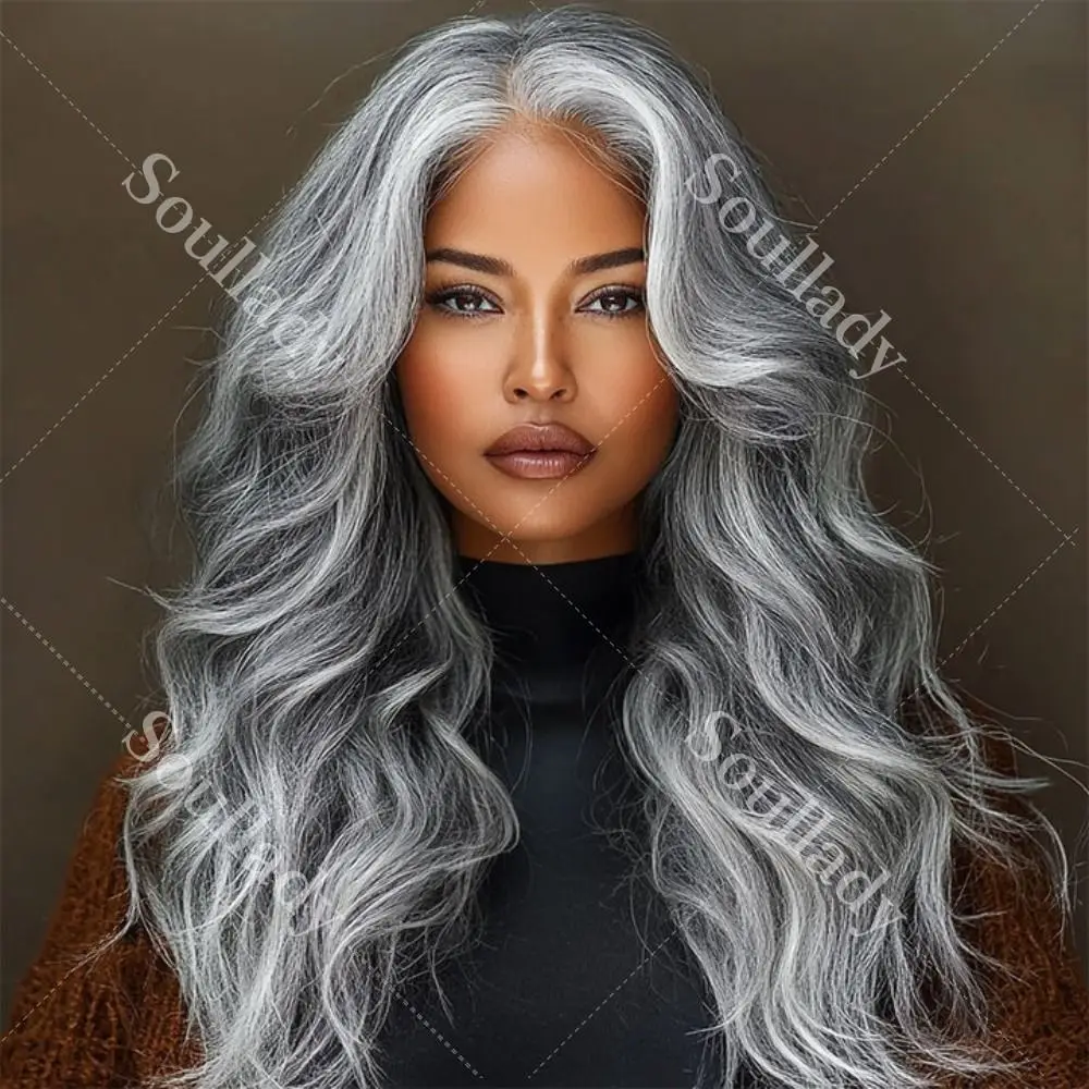 

Soul Lady Attractive Salt And Pepper Wig Real Human Hair Silver/Black Highlights Body Wave 5x5 HD Lace Closure Wigs Brazilian