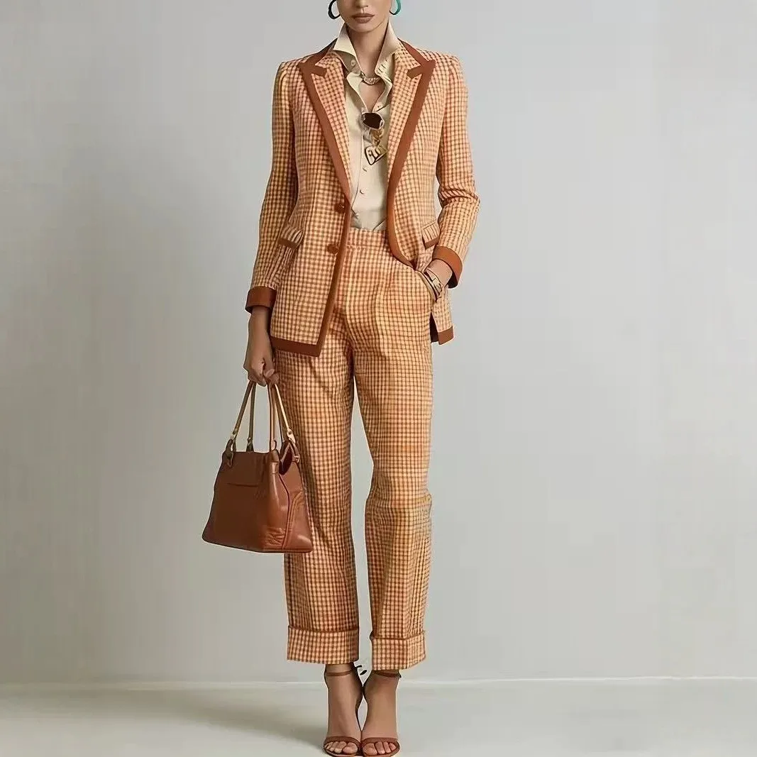 Long Sleeve Full Length Set Pants Suit with Pleated Cut and Checked Pattern Tweed Pattern Women Suit Elegant Commuter Chic