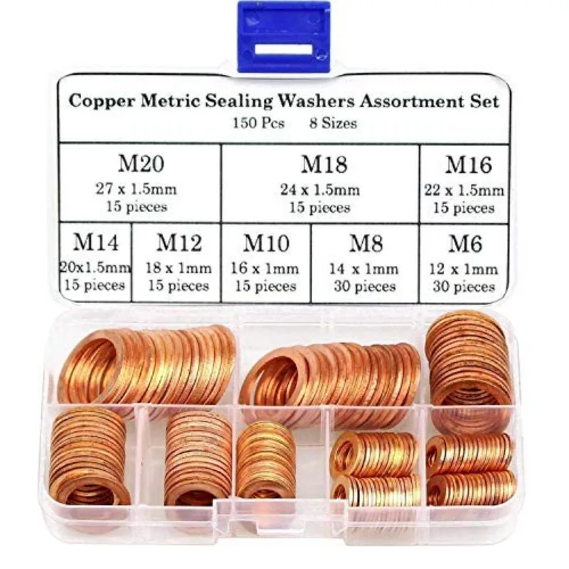 150Pcs M6 M8 M10 M12 M14 M16 M18 M20 Copper Metric Sealing Gasket Flat Ring Washers Assortment Kit For Automotive And Marine