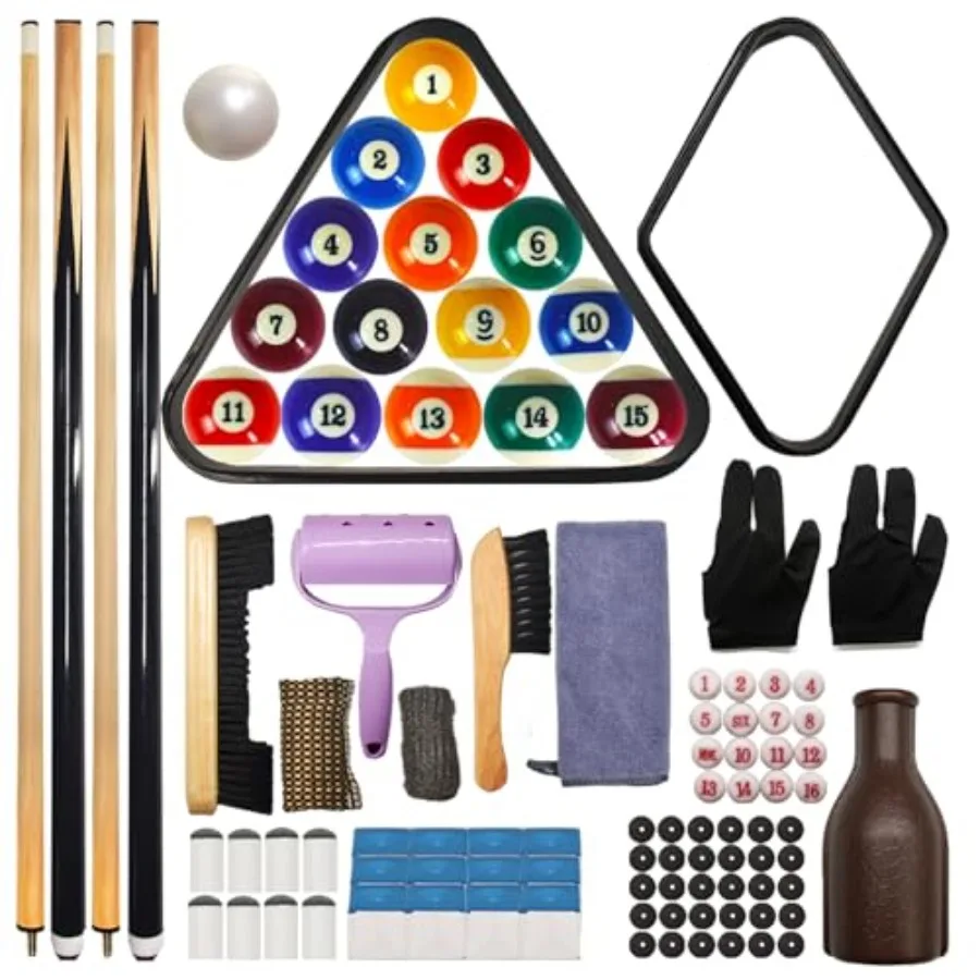 

95pcs Pool Table Accessories Set - Balls, Triangle, Rack, Cue, Chalk, Tips, Stickers, Cloth, Brush and Cleaner Set