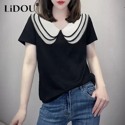 Summer New Solid Aesthetic Fashion Chic T-shirts Women Short Sleeve Black Kawaii Lady Tops All Match Loose Casual Female Clothes