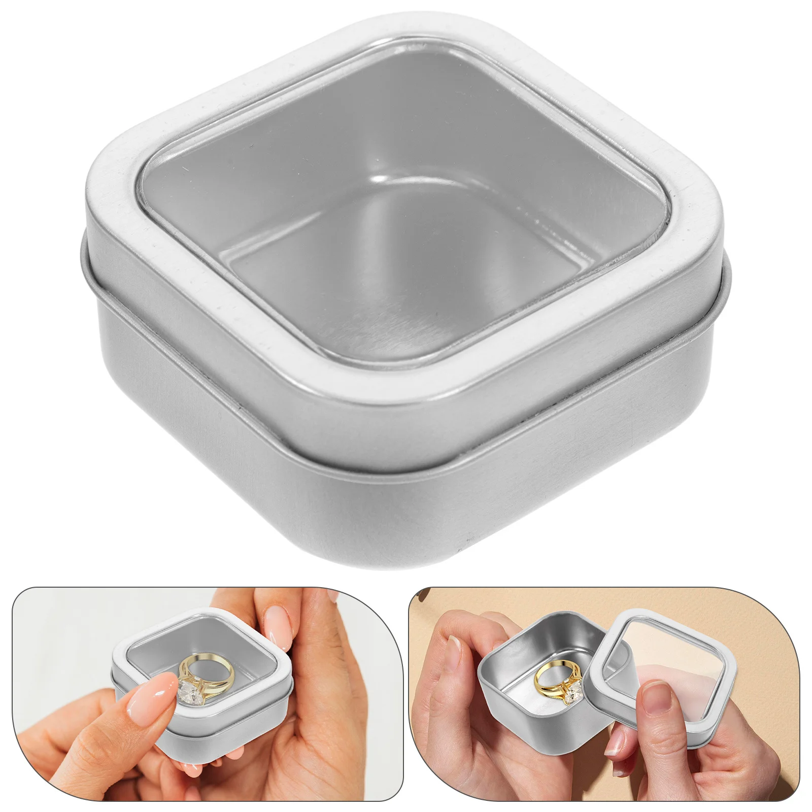 

Square Metal Tin Box with Transparent Lid Compact Jewelry Storage Case Portable Tinplate Container for Rings Necklaces Small